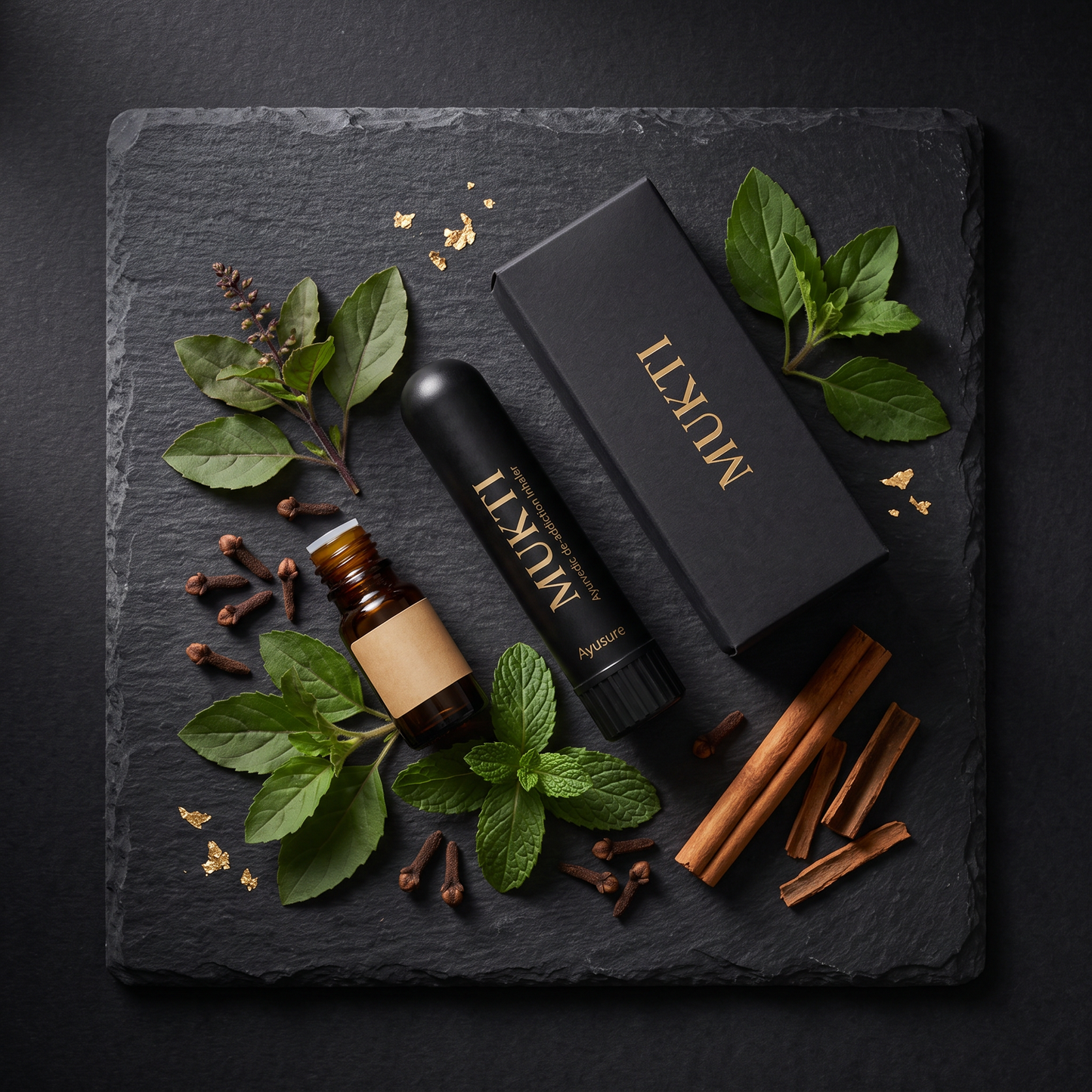 MUKTI inhaler with Ayurvedic herbs — tulsi, clove, cinnamon