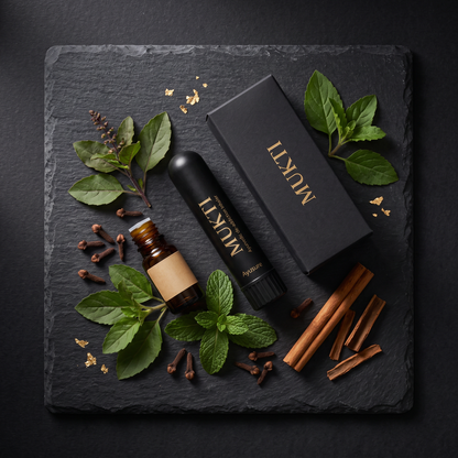 MUKTI inhaler with Ayurvedic herbs — tulsi, clove, cinnamon