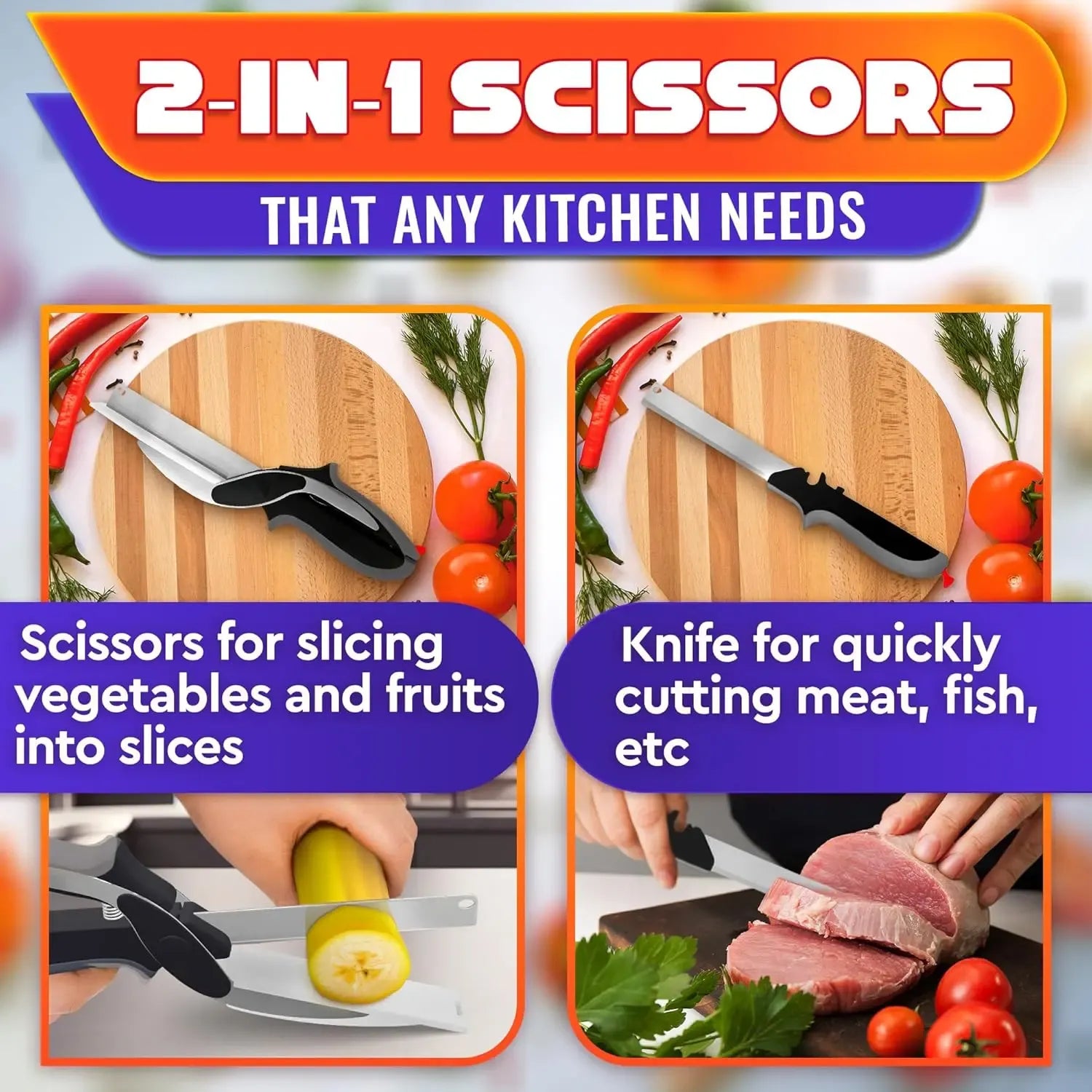 2-in-1 Kitchen Scissors & Cutting Board – Stainless Steel Shears with Safety Lock